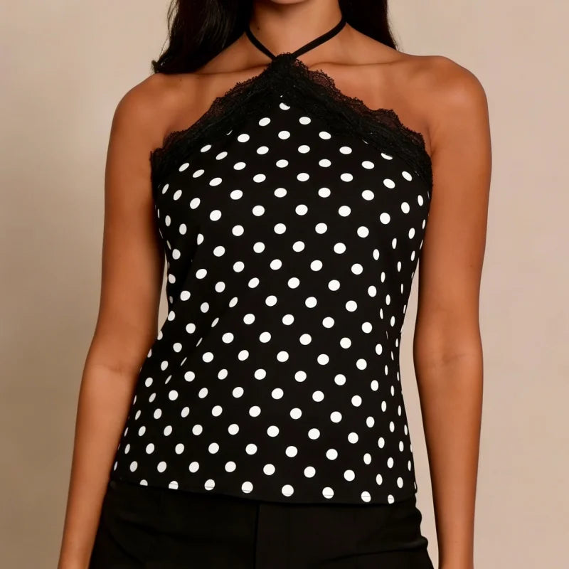 Black polka dot lace trim halter top