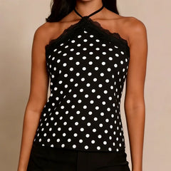 Black polka dot lace trim halter top