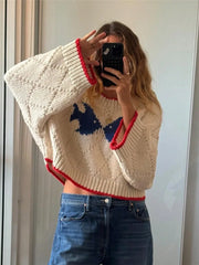 Contrast Seam Jacquard Cropped Sweater