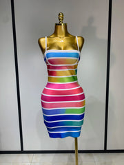 Colorful striped body-con mini bandage dress front view detail