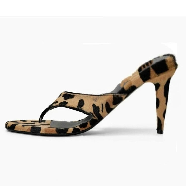 Leopard print stiletto thong sandal side view