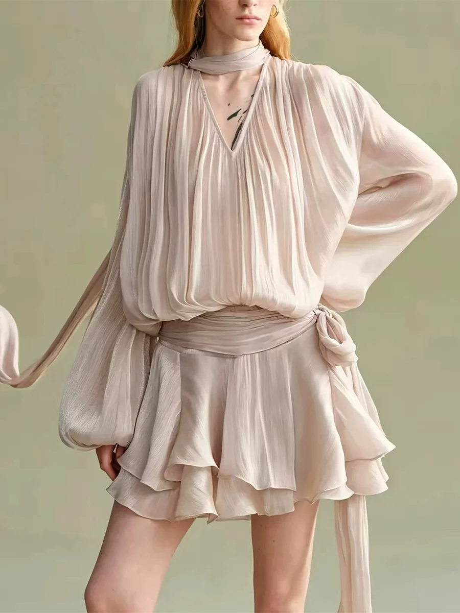 Pleated Draped Sleeve V-Neck Mini Dress