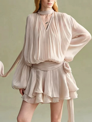 Pleated Draped Sleeve V-Neck Mini Dress