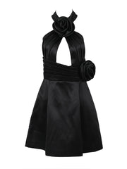 Black 3D Flower Halter Open Back Mini Dress