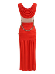 Red evening gown with a chain detail on a white background