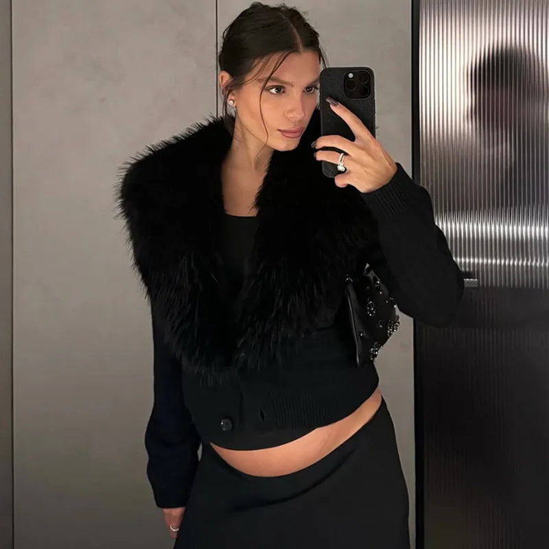 Black faux fur trimmed cardigan coat detail