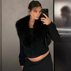 Black faux fur trimmed cardigan coat detail