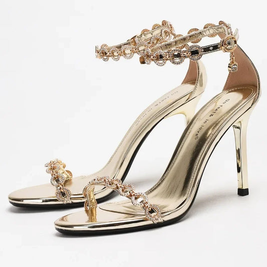 Gold crystal chain ankle strap stiletto heel
