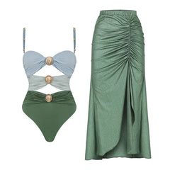 One-Shoulder Swimsuit with Oversized Flower Detail and Matching Printed Sarong Set