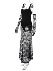 Black Sheer Square Neck Bodysuit Maxi Dress With Gloves