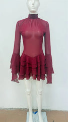 Burgendy Sheer Ruffle Hem Turtleneck Mini Dress