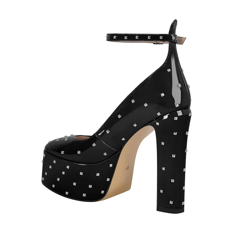 Black studded platform chunky heel pump with ankle strap