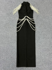 Black Pearl Embellished High Neck Maxi Dress