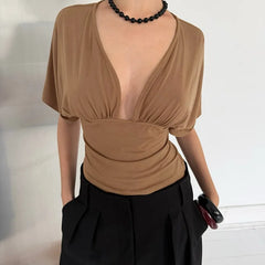 Brown deep v-neck dolman sleeve gathered top