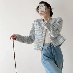 Tweed Cropped Jacket With Pearl Button