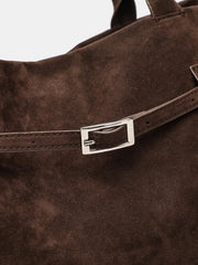 Faux Suede Belted Top-Handle Tote / Shoulder Bag — Chocolate Brown