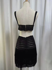 Crocheted Square Neck Crop Top and Fringe Mini Skirt Set