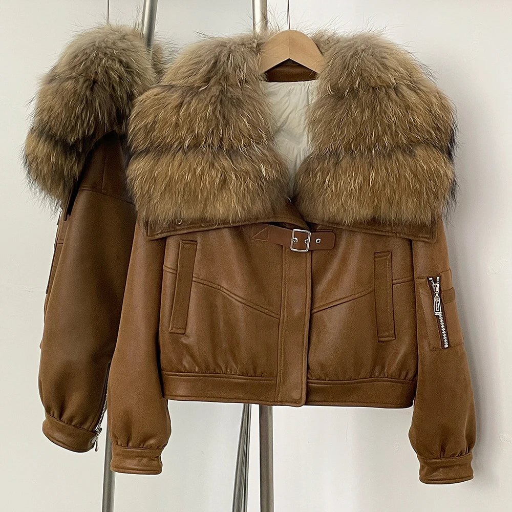 Brown leather jacket with fur collar on a hanger against a white background