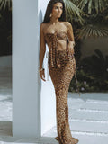 Print Leopard Women Strapless Tops and Long Skirts Suit