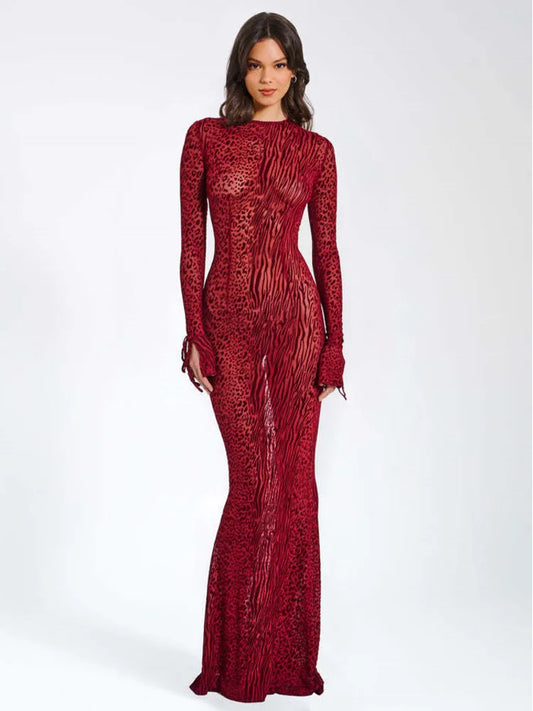 Red Mesh Long Sleeved Printed Open Back Maxi Dress