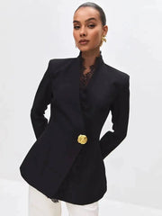 Close-up of black lace trim on blazer