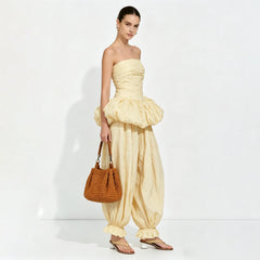 Yellow Peplum Tube Top And Balloon Pants Set