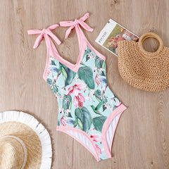 Tie-Strap V-Neck One-Piece Swimsuit with Matching Sarong Set