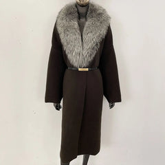 black long knit coat with amber fur collar and belt
