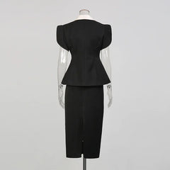 Black Peplum Blazer and Midi Skirt Set