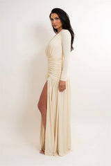 Long Sleeve Deep Neck Ruched Shimmering Slit Maxi Dress