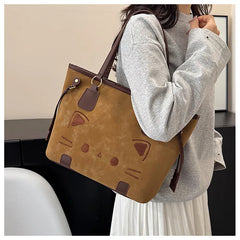 Cute Cat Face Suede Shoulder Tote Bag