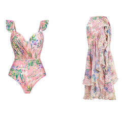 Ruffled Floral Print One-Piece Swimsuit and Maxi Skirt Set