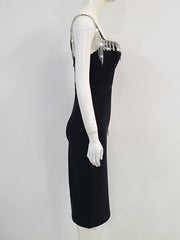 Women's Black Sparkling Diamond Tassel Long Sleeve Evening Dress