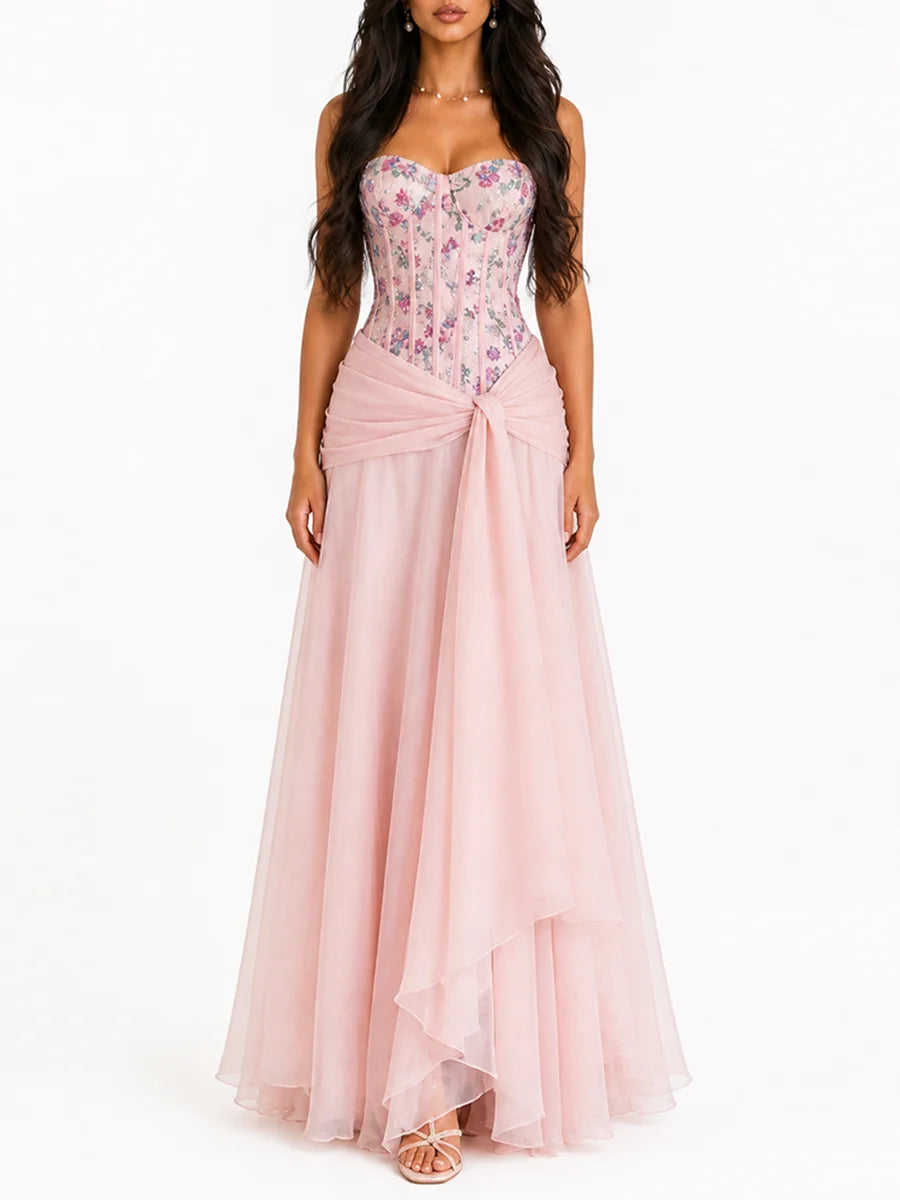 Pink floral corset maxi dress front view