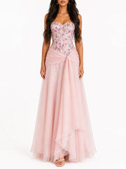 Pink floral corset maxi dress front view