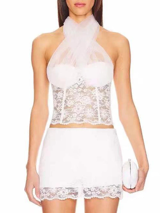 White Lace Crop Top And Mini Skirt Set