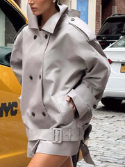 Grey Turn Down Collar Belted Short Trech Coat