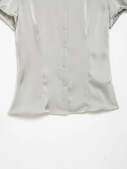 Satin Puff Sleeve Collared Shirt Top