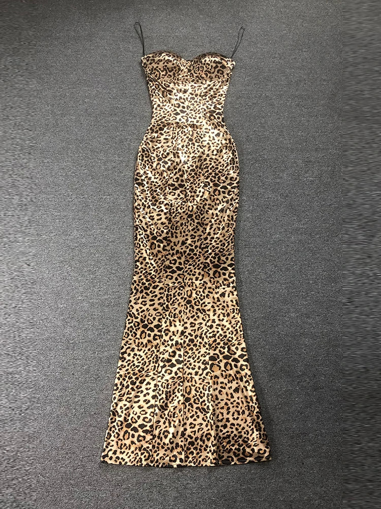 Leopard print strapless dress on a gray background