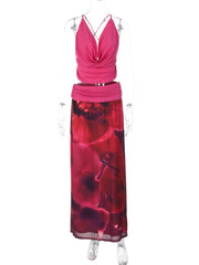 Deep V-Neck Cowl Neck Top and Floral Print Maxi Skirt Set