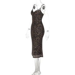 Leopard Print Lace Trim Midi Dress