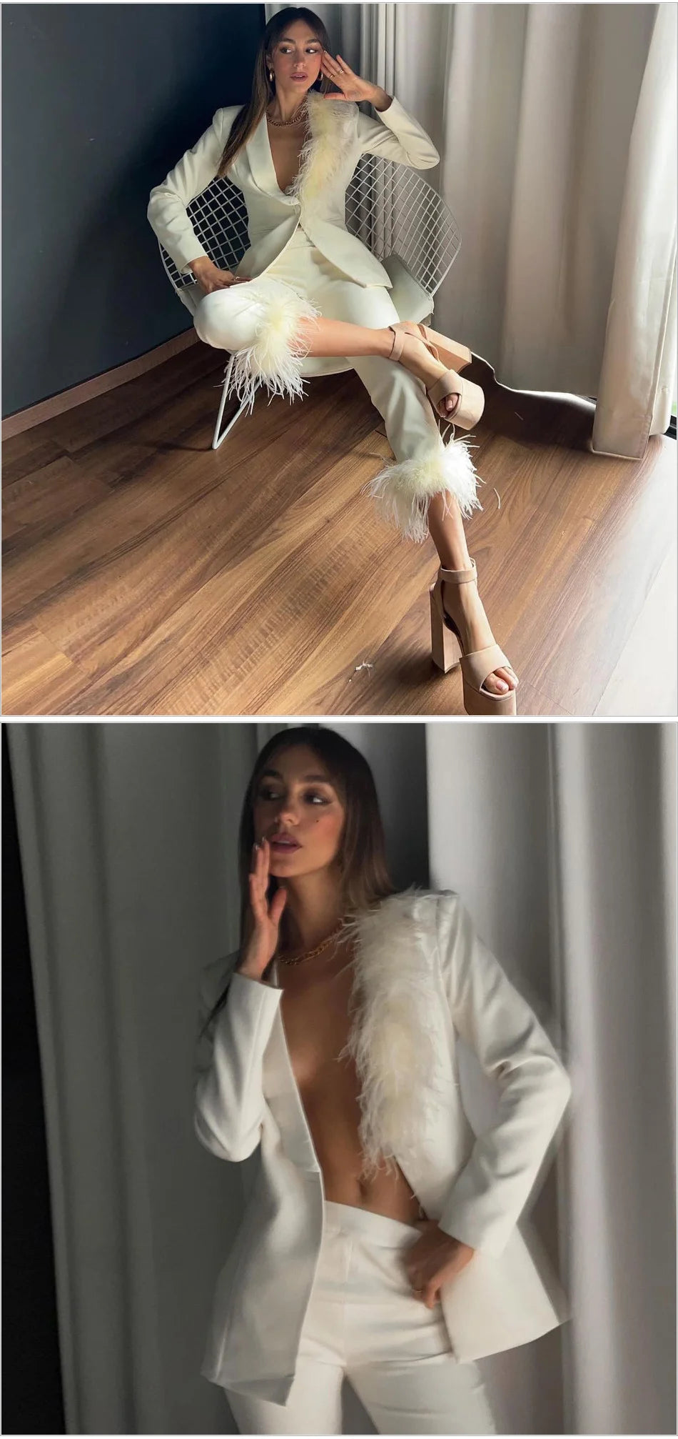 Woman in a white outfit with fur trim sitting on a wooden floor.