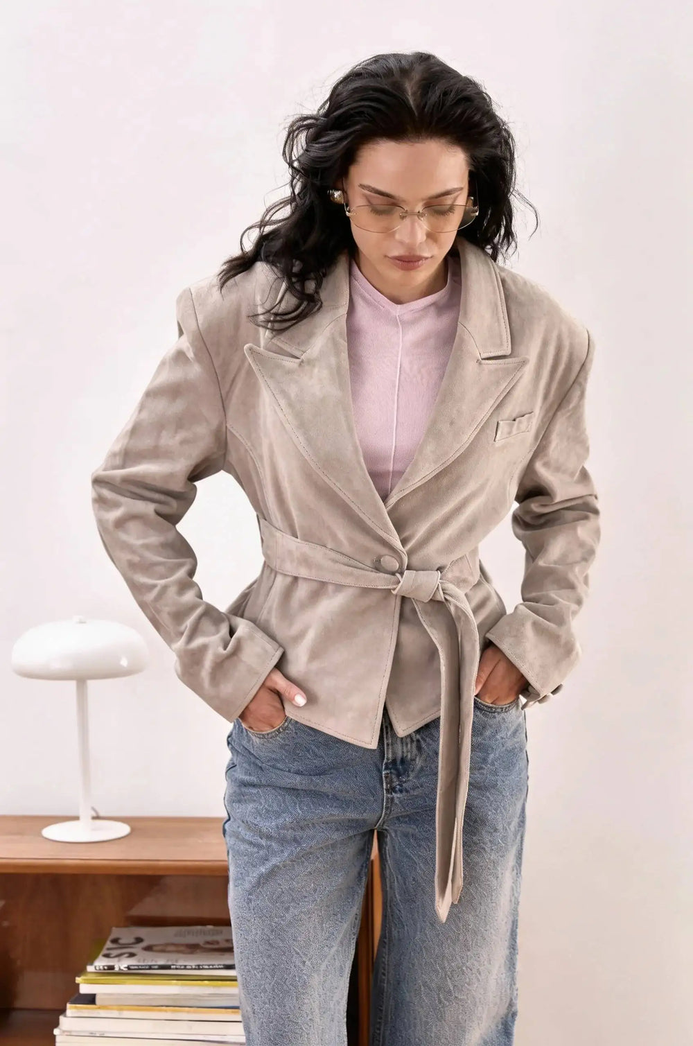 Belted suede cropped blazer on model