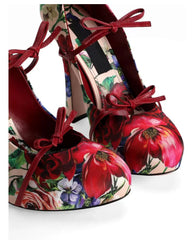 Floral Print Bow Strap Chunky Heel Pumps