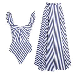 Ruffled Floral Print One-Piece Swimsuit and Maxi Skirt Set
