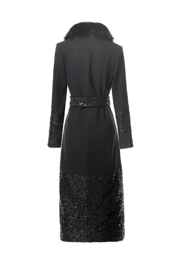 Fur collar sequin spliced wool blend coat back view