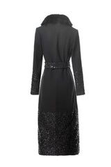 Fur collar sequin spliced wool blend coat back view