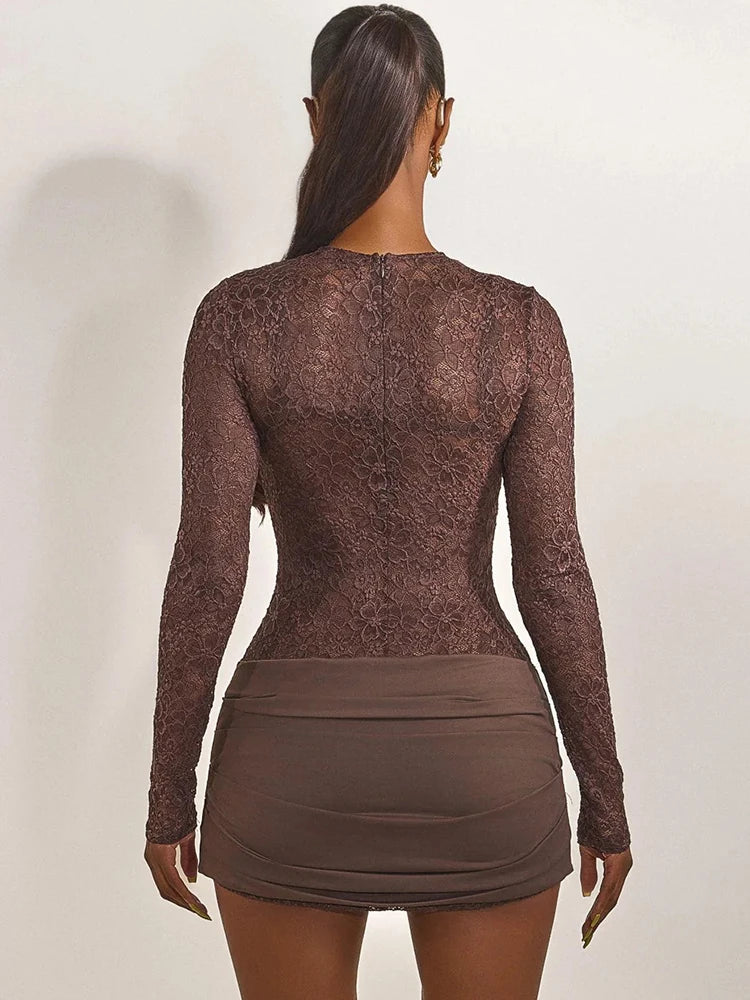 Brown lace long-sleeve top and skirt set on a plain background