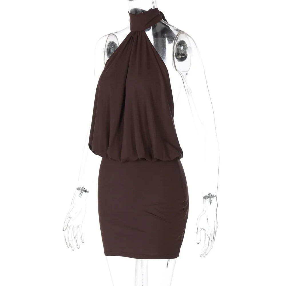 Brown halter dress on a transparent mannequin 