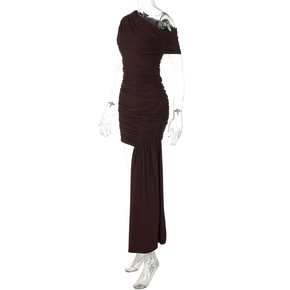 Brown off-shoulder dress on a mannequin against a white background